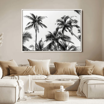 46641801-MGV-FC-36X24_White-Palm Tree Wall Art Canvas Print, Framed Black White Tropics Art Picture Print, Monochrome Palms Perfect Modern Tropical Minimalist