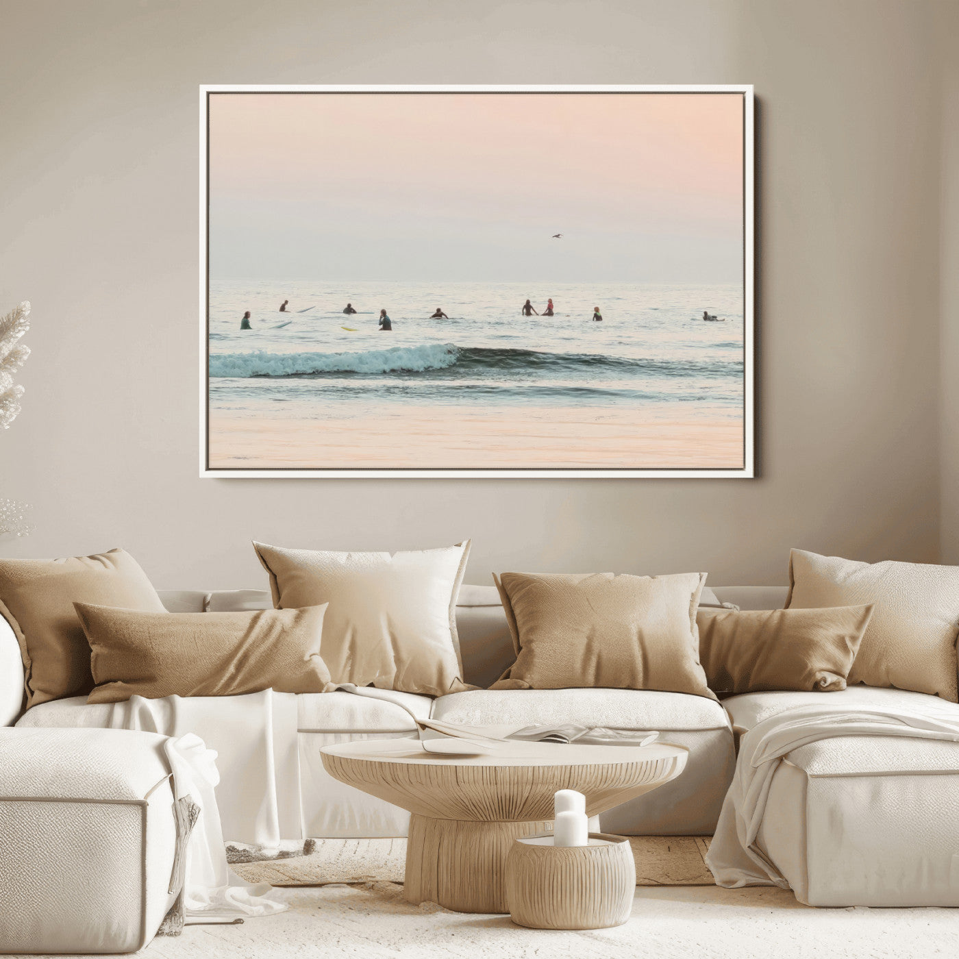 98888919-MGV-FC-36X24_White-Pastel Ocean Wall Art Canvas Print, Framed Soft Sunset Swimming Art Picture Print, Calm Sea Horizon Perfect Soft Coastal