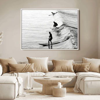 19875284-MGV-FC-36X24_White-Surfer Waves Wall Art Canvas Print, Framed Black White Surf Art Picture Print, Monochrome Ocean Perfect Modern Coastal Decor