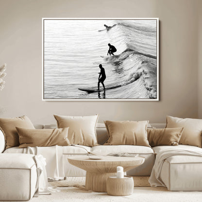 19875284-MGV-FC-36X24_White-Surfer Waves Wall Art Canvas Print, Framed Black White Surf Art Picture Print, Monochrome Ocean Perfect Modern Coastal Decor