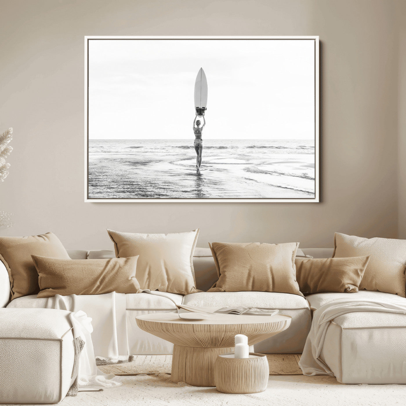 98446901-MGV-FC-36X24_White-Monochrome Surf Wall Art Canvas Print, Framed Minimalist Surfer Art Picture Print, Surfboard Silhouette Perfect Coastal Minimalist