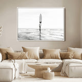 98446901-MGV-FC-36X24_White-Monochrome Surf Wall Art Canvas Print, Framed Minimalist Surfer Art Picture Print, Surfboard Silhouette Perfect Coastal Minimalist