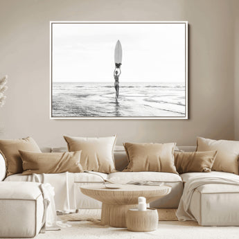 98446901-MGV-FC-36X24_White-Monochrome Surf Wall Art Canvas Print, Framed Minimalist Surfer Art Picture Print, Surfboard Silhouette Perfect Coastal Minimalist