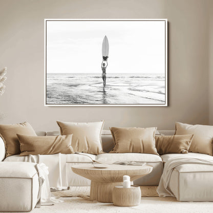 98446901-MGV-FC-36X24_White-Monochrome Surf Wall Art Canvas Print, Framed Minimalist Surfer Art Picture Print, Surfboard Silhouette Perfect Coastal Minimalist