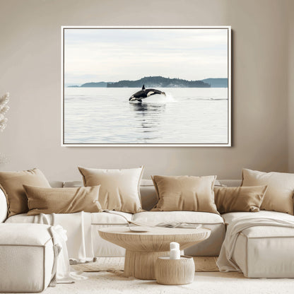 10157174-MGV-FC-36X24_White-Orca Whale Wall Art Canvas Print, Framed Black White Whale Art Picture Print, Minimalist Ocean Perfect Coastal Minimalist Decor