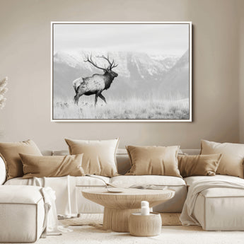 62278753-MGV-FC-36X24_White-Monochrome Elk Wall Art Canvas Print, Framed Mountain Wildlife Art Picture Print, Rustic Nature Perfect Rustic Minimalist Decor