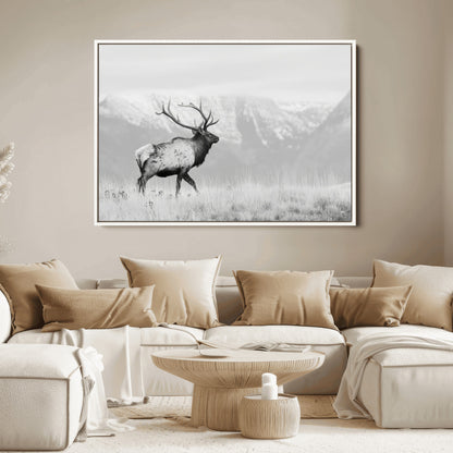 62278753-MGV-FC-36X24_White-Monochrome Elk Wall Art Canvas Print, Framed Mountain Wildlife Art Picture Print, Rustic Nature Perfect Rustic Minimalist Decor