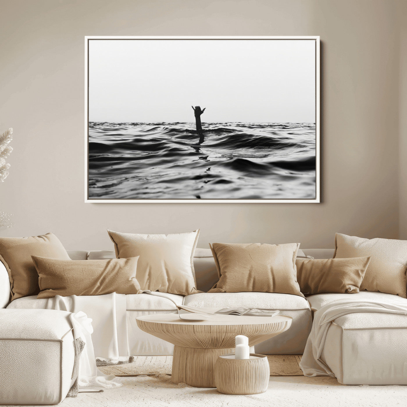 69541918-MGV-FC-36X24_White-Black White Ocean Wall Art Canvas Print, Framed Moody Seascape Art Picture Print, Surfer Sign Perfect Moody Minimalist Decor