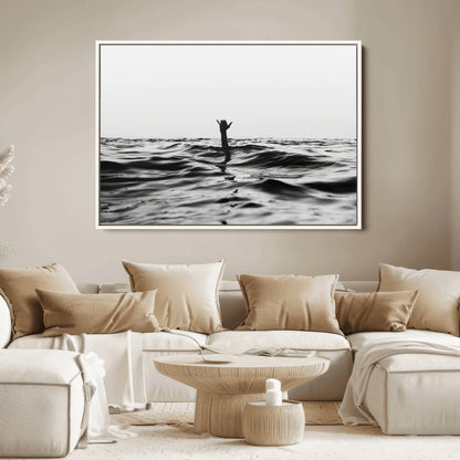 69541918-MGV-FC-36X24_White-Black White Ocean Wall Art Canvas Print, Framed Moody Seascape Art Picture Print, Surfer Sign Perfect Moody Minimalist Decor