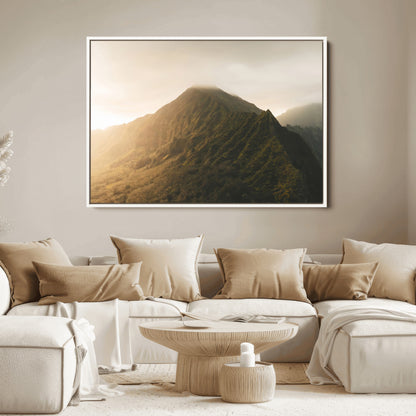 42338636-MGV-FC-36X24_White-Golden Mountain Wall Art Canvas Print, Framed Misty Summit Art Picture Print, Rugged Landscape Perfect Moody Wilderness Decor