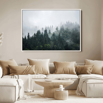 84146572-MGV-FC-36X24_White-Foggy Pine Trees Wall Art Canvas Print, Framed Forest Nature Art Picture Print, Evergreen Forest Perfect Scandinavian Minimalist