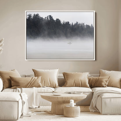 59703275-MGV-FC-36X24_White-Surfer in Fog Wall Art Canvas Print, Framed Foggy Beach Art Picture Print, Coastal Surf Perfect Moody Coastal Decor Artwork