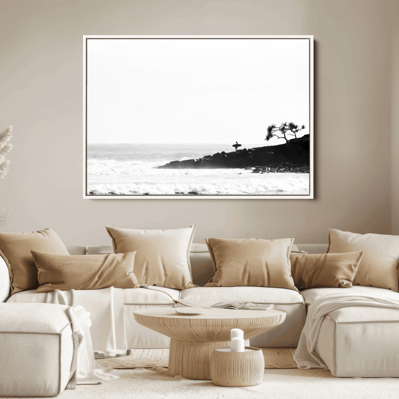 40875891-MGV-FC-36X24_White-SurferCliffs Wall Art Canvas Print, Framed Black White Beach Art Picture Print, Ocean Waves Perfect Minimalist Coastal Decor