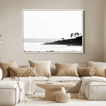 40875891-MGV-FC-36X24_White-SurferCliffs Wall Art Canvas Print, Framed Black White Beach Art Picture Print, Ocean Waves Perfect Minimalist Coastal Decor