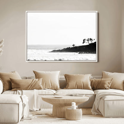 40875891-MGV-FC-36X24_White-SurferCliffs Wall Art Canvas Print, Framed Black White Beach Art Picture Print, Ocean Waves Perfect Minimalist Coastal Decor