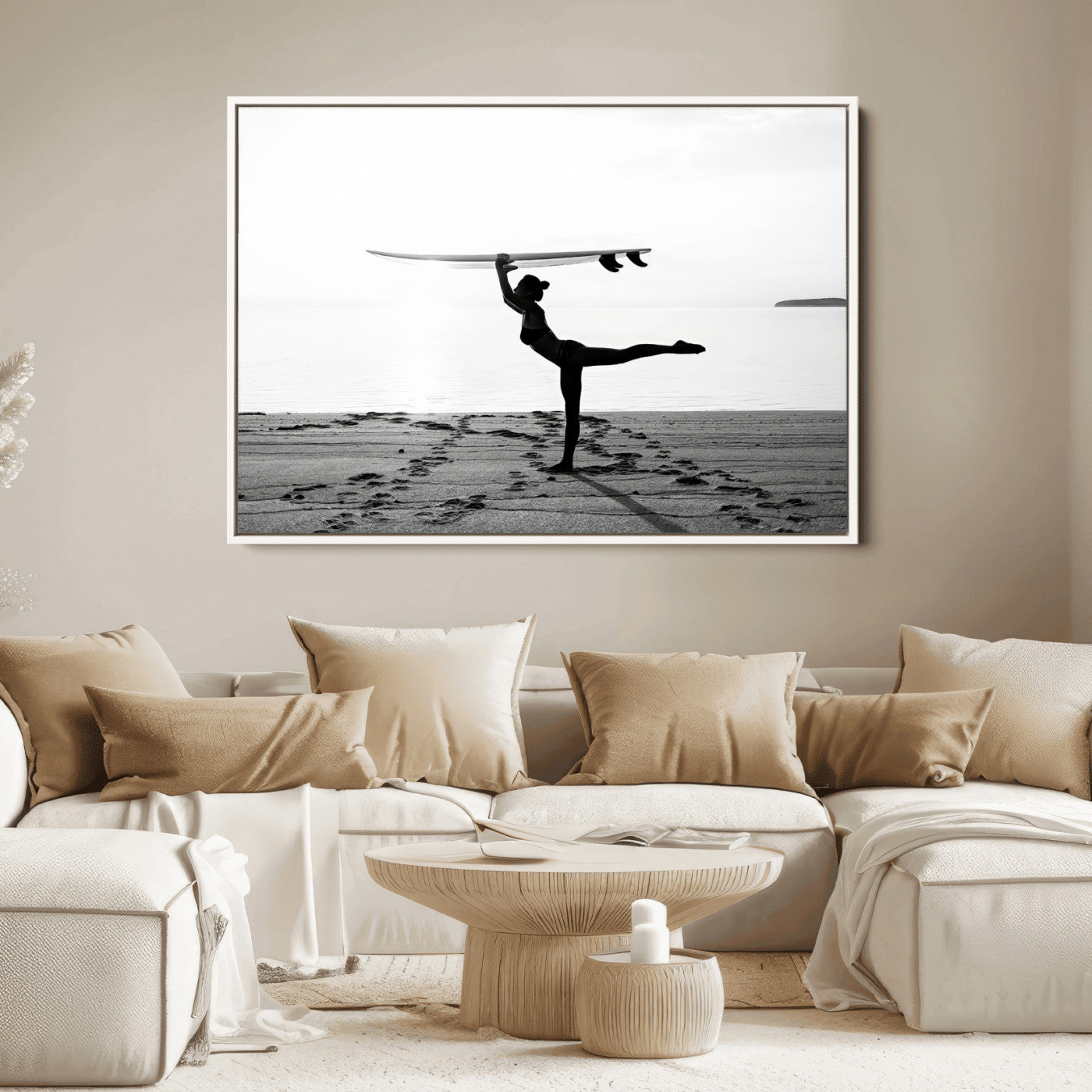28441356-MGV-FC-36X24_White-Yoga Surf Wall Art Canvas Print, Framed Black White Shore Art Picture Print, Peaceful Ocean Perfect Minimalist Coastal Decor