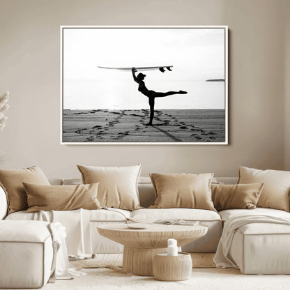 28441356-MGV-FC-36X24_White-Yoga Surf Wall Art Canvas Print, Framed Black White Shore Art Picture Print, Peaceful Ocean Perfect Minimalist Coastal Decor