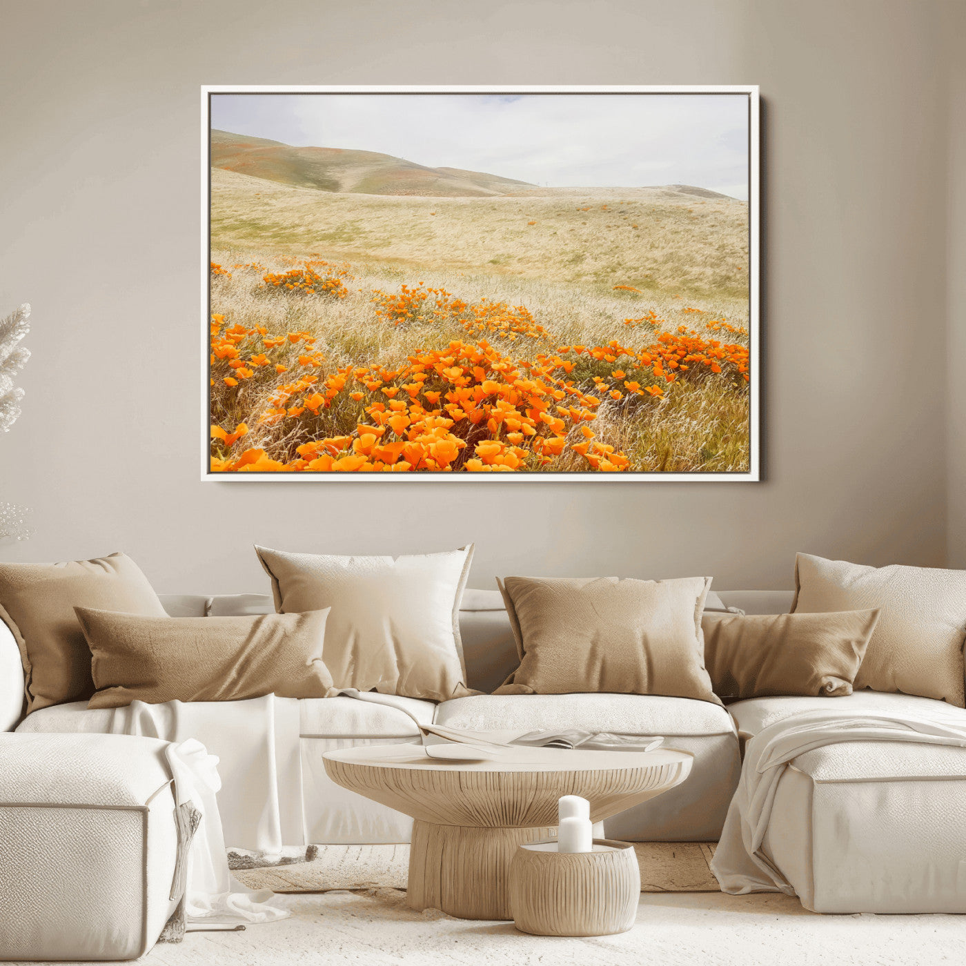 28972262-MGV-FC-36X24_White-Golden Wildflowers Wall Art Canvas Print, Framed Hills Bloom Art Picture Print, Poppy Meadow Perfect Rustic Nature Decor Artwork