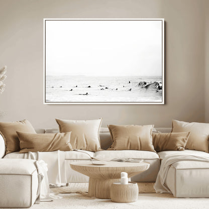 38441169-MGV-FC-36X24_White-Monochrome Swimming Wall Art Canvas Print, Framed Ocean Horizon Art Picture Print, Moody Coastal Perfect Minimalist Coastal Decor