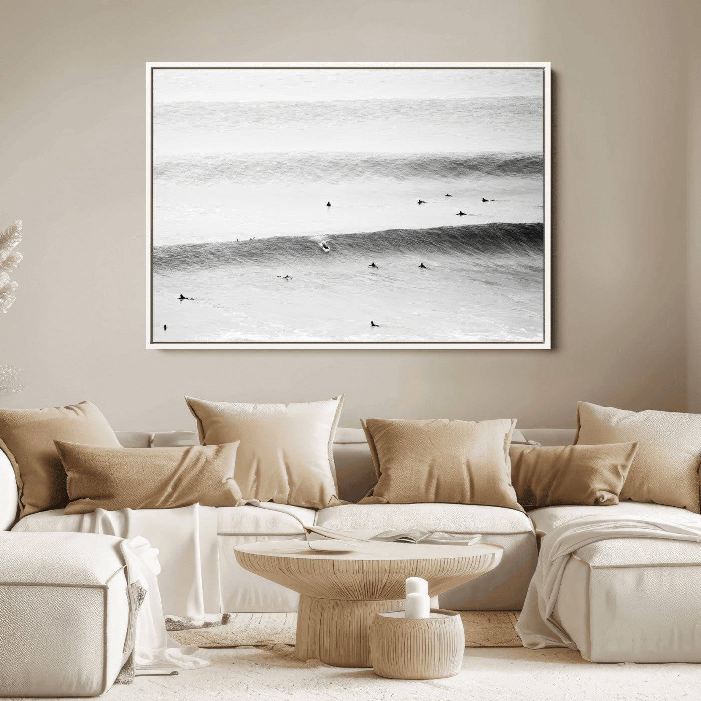 54291445-MGV-FC-36X24_White-Black White Ocean Wall Art Canvas Print, Framed Coastal Sport Art Picture Print, Ocean Culture Perfect Minimalist Coastal Decor