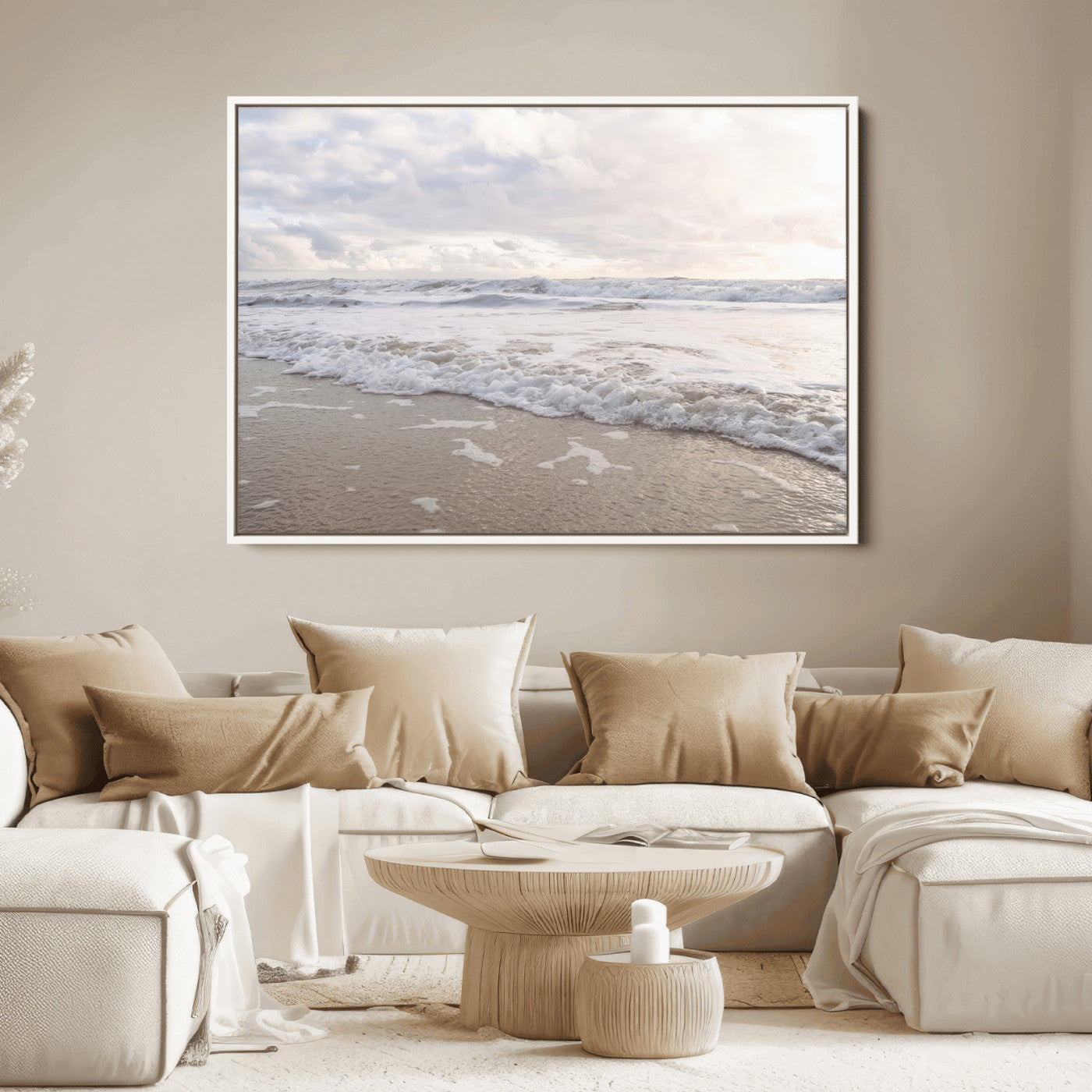70596264-MGV-FC-36X24_White-Ocean Waves Wall Art Canvas Print, Framed Coastal Shoreline Art Picture Print, Sea Foam Perfect Coastal Minimalist Decor Artwork
