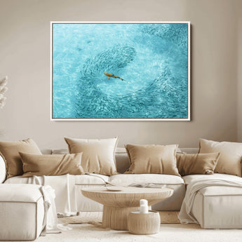 43671474-MGV-FC-36X24_White-Fish Swarm Wall Art Canvas Print, Framed Marine Life Art Picture Print, Shark Aerial Perfect Wildlife Coastal Decor Artwork
