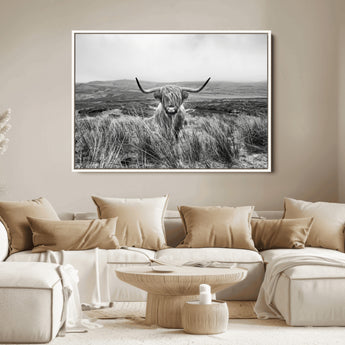 24051061-MGV-FC-36X24_White-Monochrome Highland Cow Wall Art Canvas Print, Framed Scottish Bull Art Picture Print, Lone Cattle Perfect Rustic Farmhouse Decor