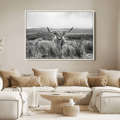 24051061-MGV-FC-36X24_White-Monochrome Highland Cow Wall Art Canvas Print, Framed Scottish Bull Art Picture Print, Lone Cattle Perfect Rustic Farmhouse Decor