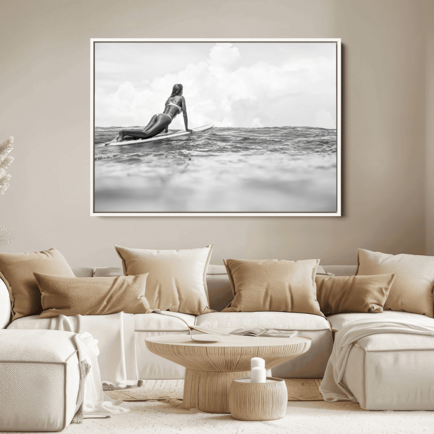 69798068-MGV-FC-36X24_White-Black White Surfing Wall Art Canvas Print, Framed Ocean Horizon Art Picture Print, Surfer Girl Perfect Coastal Adventure Decor