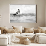 69798068-MGV-FC-36X24_White-Black White Surfing Wall Art Canvas Print, Framed Ocean Horizon Art Picture Print, Surfer Girl Perfect Coastal Adventure Decor