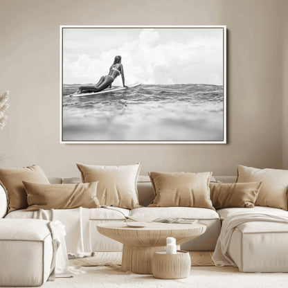 69798068-MGV-FC-36X24_White-Black White Surfing Wall Art Canvas Print, Framed Ocean Horizon Art Picture Print, Surfer Girl Perfect Coastal Adventure Decor