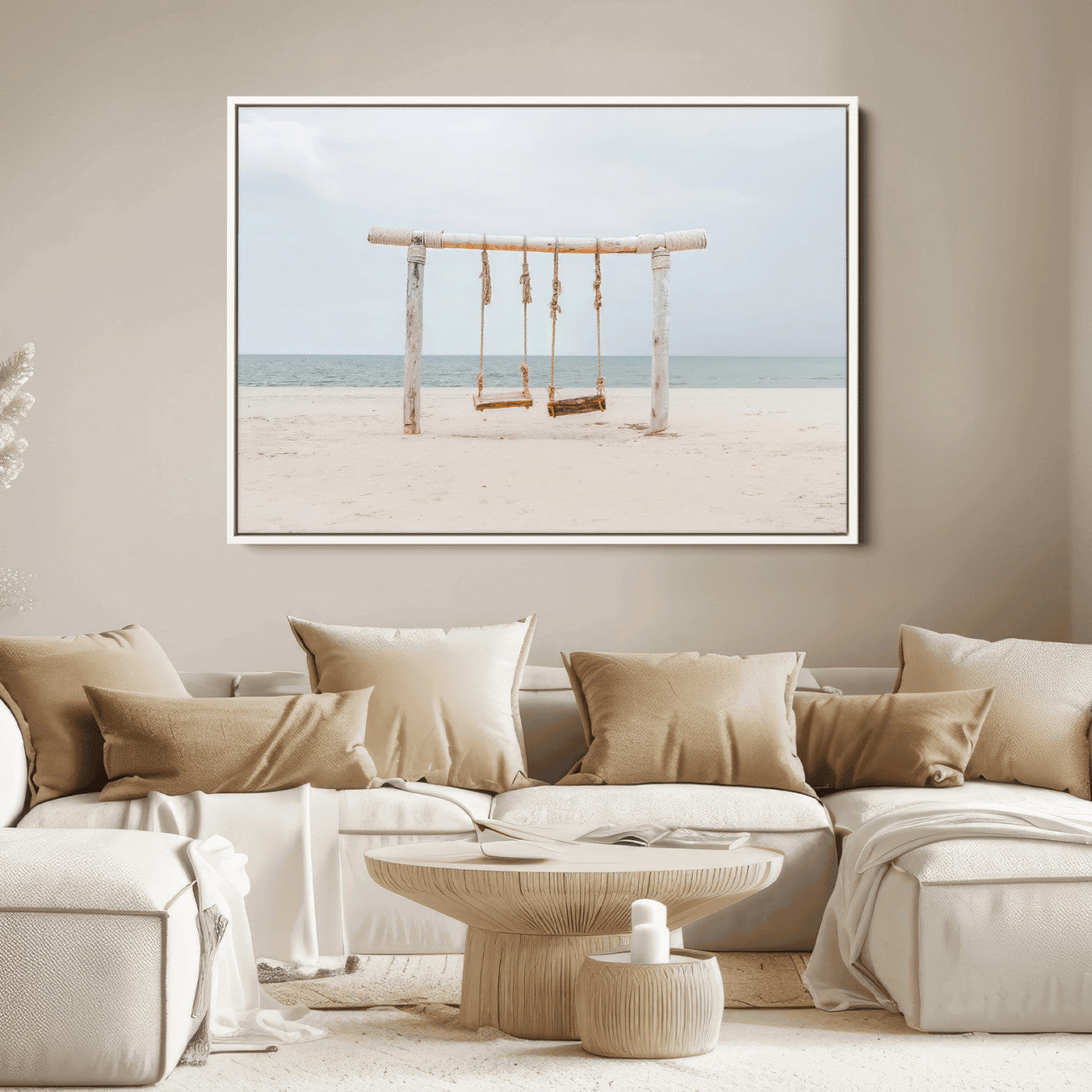 68327283-MGV-FC-36X24_White-Beach Swing Wall Art Canvas Print, Framed Quiet Beach Art Picture Print, Calm Shoreline Perfect Bohemian Coastal Decor Artwork