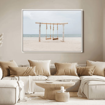 68327283-MGV-FC-36X24_White-Beach Swing Wall Art Canvas Print, Framed Quiet Beach Art Picture Print, Calm Shoreline Perfect Bohemian Coastal Decor Artwork