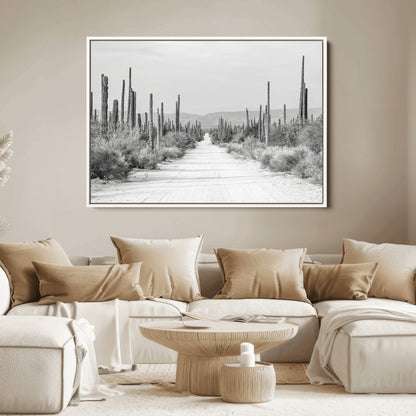 35537313-MGV-FC-36X24_White-Monochrome Desert Wall Art Canvas Print, Framed Cactus Path Art Picture Print, Southwestern Landscape Perfect Southwestern