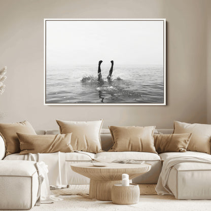 26667396-MGV-FC-36X24_White-Black White Ocean Wall Art Canvas Print, Framed Monochrome Water Art Picture Print, Diving into Water Perfect Minimalist Aquatic