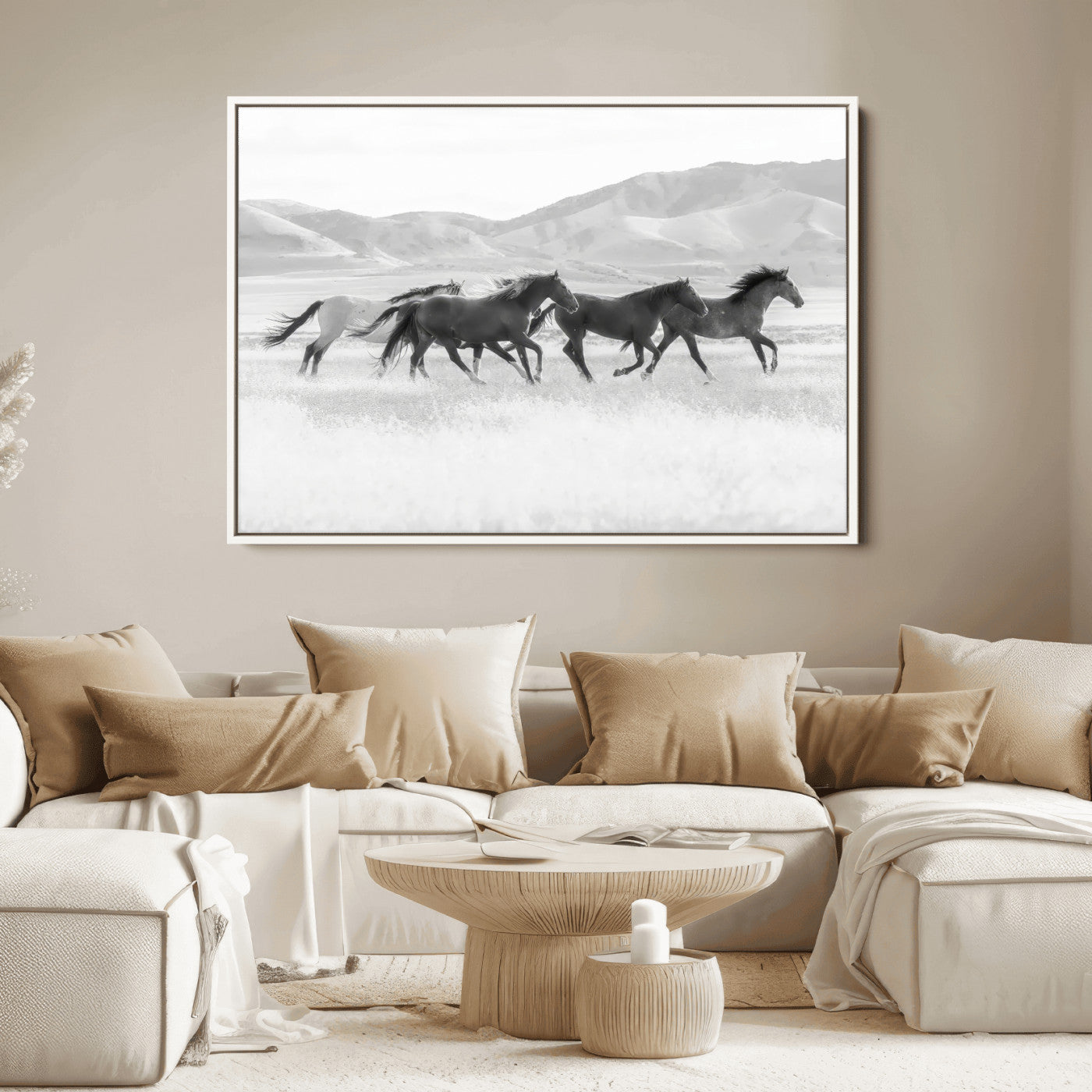 69934913-MGV-FC-36X24_White-Wild Horses Running Wall Art Canvas Print, Framed Black White Mustangs Art Picture Print, Rustic Western Perfect Rustic Western