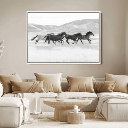 69934913-MGV-FC-36X24_White-Wild Horses Running Wall Art Canvas Print, Framed Black White Mustangs Art Picture Print, Rustic Western Perfect Rustic Western