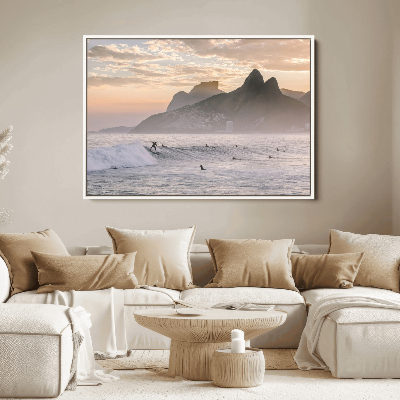 70644906-MGV-FC-36X24_White-Sunset Surfing Wall Art Canvas Print, Framed Misty Mountains Art Picture Print, Surfer Riding Wave Perfect Coastal Adventure Decor