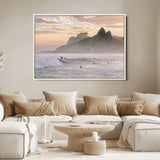 70644906-MGV-FC-36X24_White-Sunset Surfing Wall Art Canvas Print, Framed Misty Mountains Art Picture Print, Surfer Riding Wave Perfect Coastal Adventure Decor