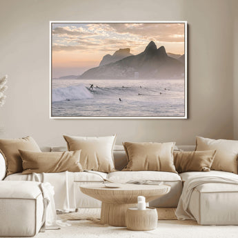 70644906-MGV-FC-36X24_White-Sunset Surfing Wall Art Canvas Print, Framed Misty Mountains Art Picture Print, Surfer Riding Wave Perfect Coastal Adventure Decor
