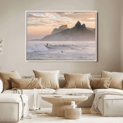 70644906-MGV-FC-36X24_White-Sunset Surfing Wall Art Canvas Print, Framed Misty Mountains Art Picture Print, Surfer Riding Wave Perfect Coastal Adventure Decor