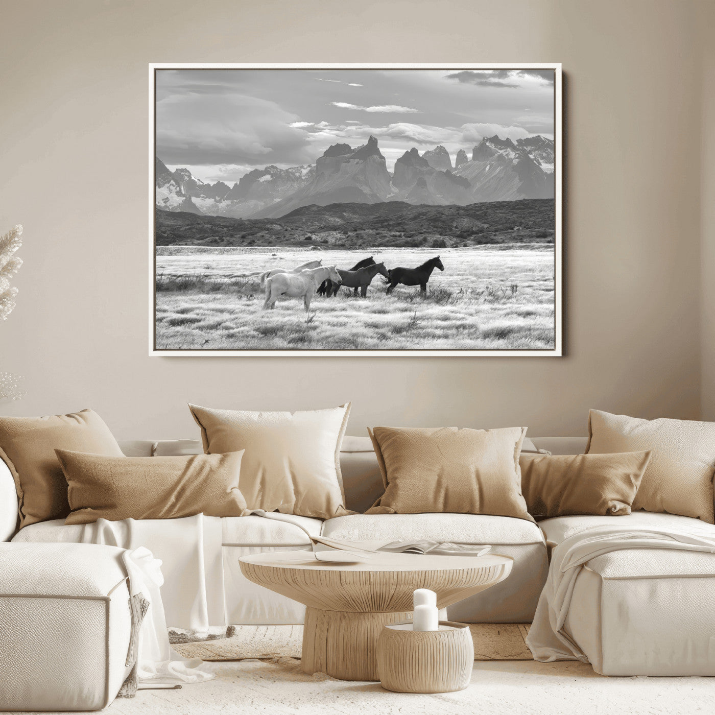 21655040-MGV-FC-36X24_White-Wild Horses Wall Art Canvas Print, Framed Black White Mountains Art Picture Print, Rustic Countryside Perfect Rustic Western Decor