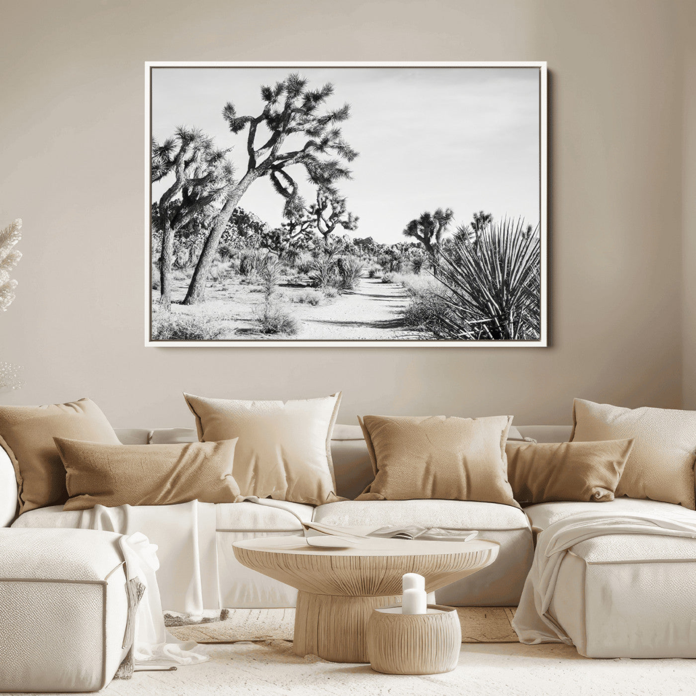 88164251-MGV-FC-36X24_White-Joshua Tree Wall Art Canvas Print, Framed Desert Path Art Picture Print, Monochrome Desert Perfect Minimalist Desert Decor Artwork