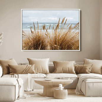 14270839-MGV-FC-36X24_White-Beach Grass Wall Art Canvas Print, Framed Coastal Dunes Art Picture Print, Dune Grass Perfect Coastal Minimalist Decor Artwork