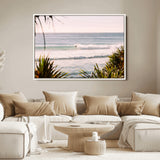 23287092-MGV-FC-36X24_White-Ocean Surfer Wall Art Canvas Print, Framed Coastal Surf Art Picture Print, Tropical Beach Perfect Tropical Coastal Decor Artwork