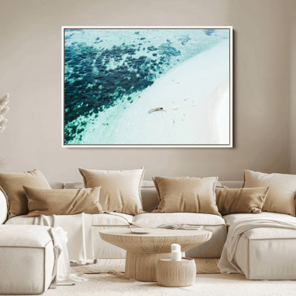 33764764-MGV-FC-36X24_White-Minimal Beach Wall Art Canvas Print, Framed Ocean Swimming Art Picture Print, Clear Ocean Perfect Minimal Coastal Decor Artwork
