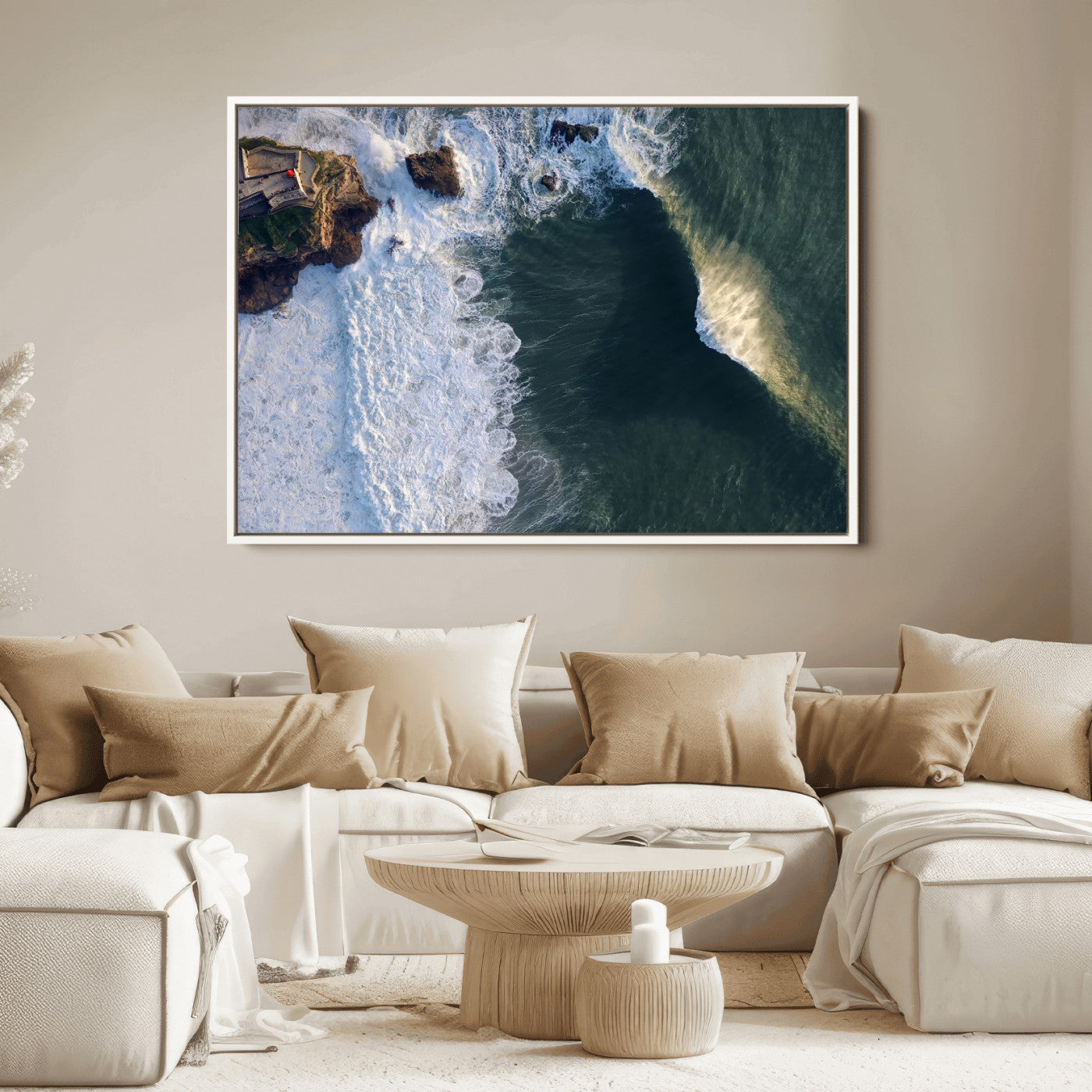 37405684-MGV-FC-36X24_White-Nazare Coast Wall Art Canvas Print, Framed Aerial Ocean Art Picture Print, Coastal Fortress Perfect Dramatic Coastal Decor Artwork
