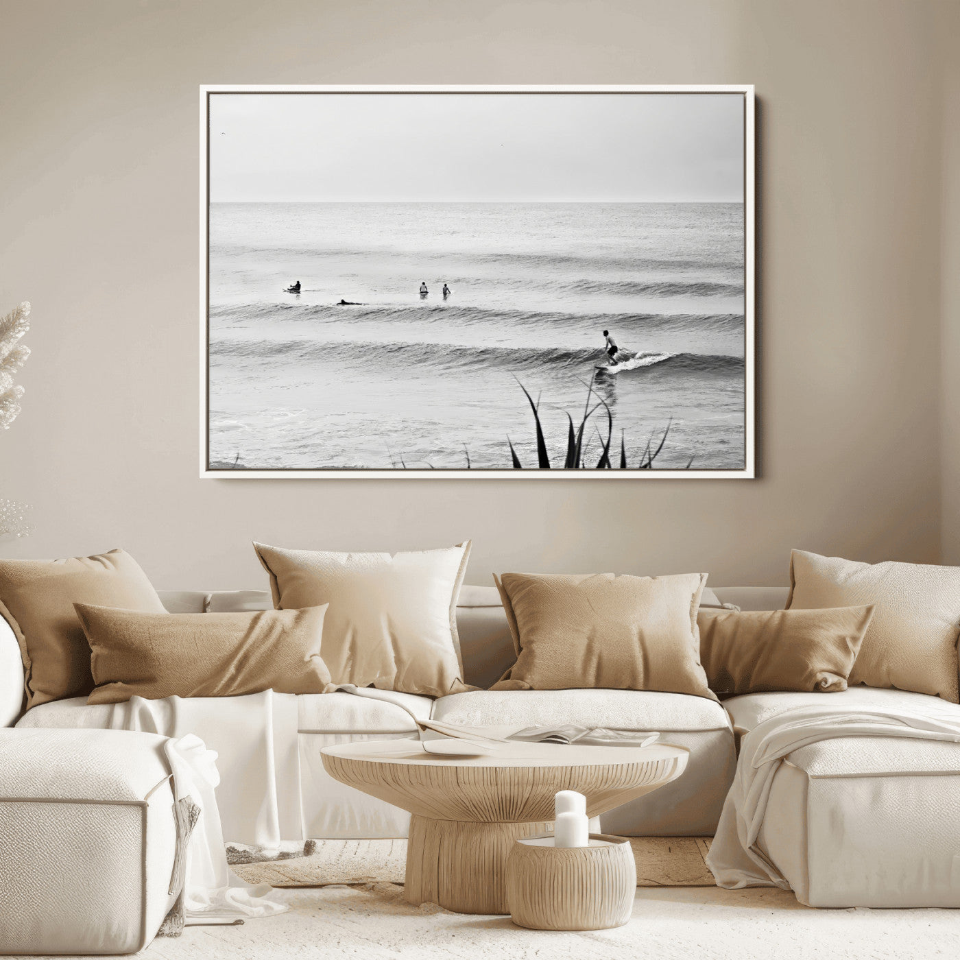 33821421-MGV-FC-36X24_White-Surfer Silhouette Wall Art Canvas Print, Framed Calm Ocean Art Picture Print, Monochrome Surf Perfect Minimalist Coastal Decor