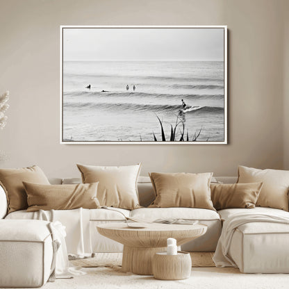 33821421-MGV-FC-36X24_White-Surfer Silhouette Wall Art Canvas Print, Framed Calm Ocean Art Picture Print, Monochrome Surf Perfect Minimalist Coastal Decor