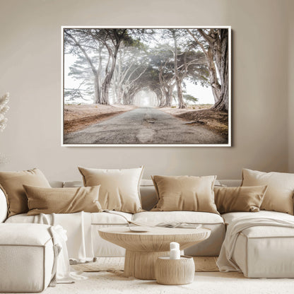 87090469-MGV-FC-36X24_White-Cypress Tunnel Wall Art Canvas Print, Framed Misty Road Art Picture Print, Foggy Trees Perfect Rustic Woodland Decor Artwork